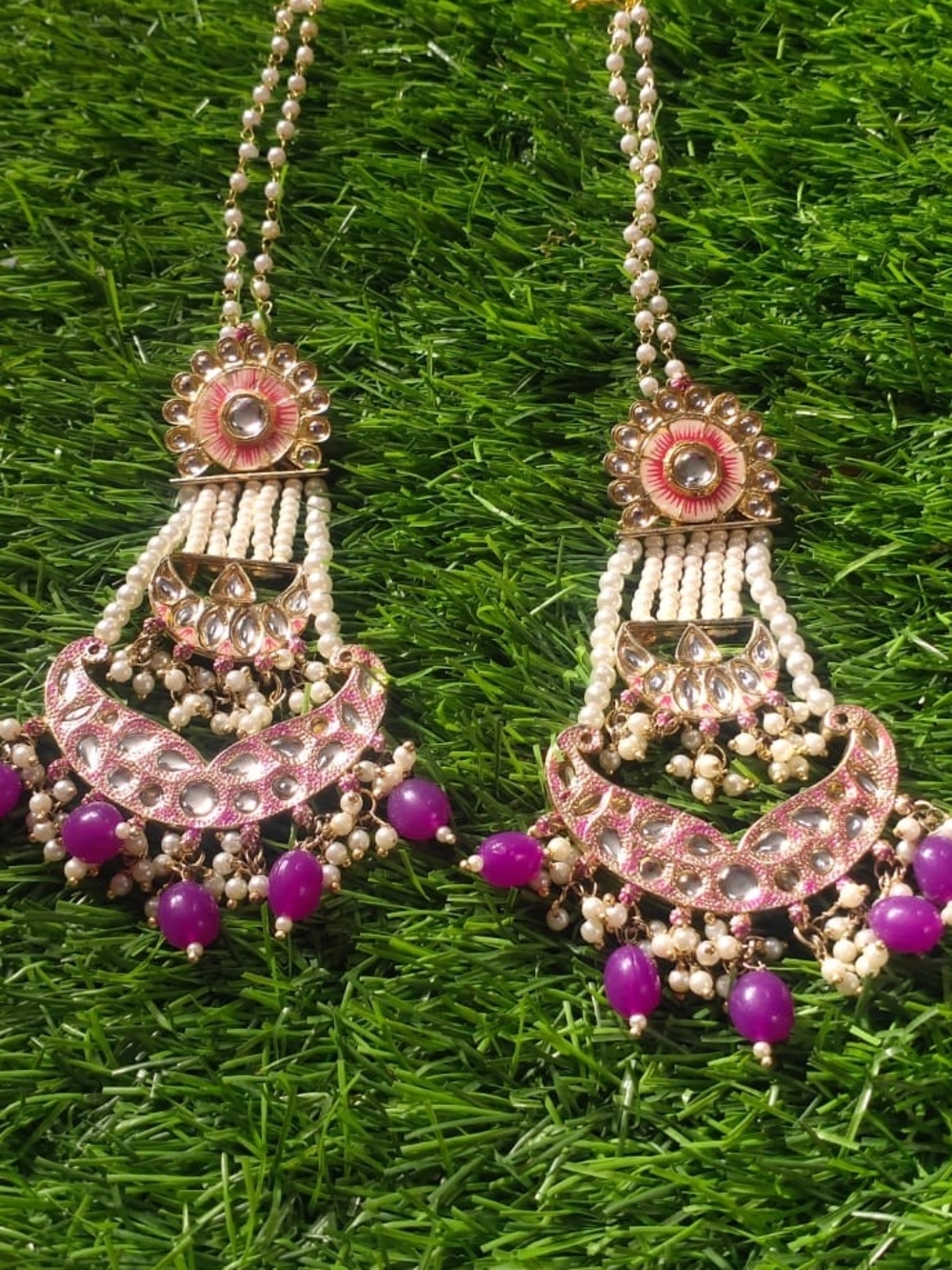 Gold and Pink Beaded Chandbali Earrings for Women🌷🌷🌷🌷🌷